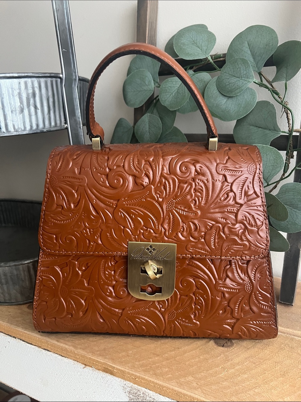 Embossed Leather Top-Handle Bag in Cognac
